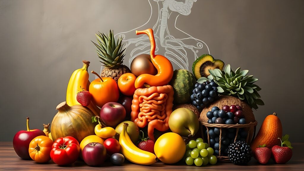 Vibrant fruits arranged protectively around stylized digestive system, symbolizing nutritional health and wellness