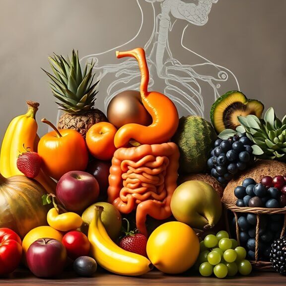 Vibrant fruits arranged protectively around stylized digestive system, symbolizing nutritional health and wellness